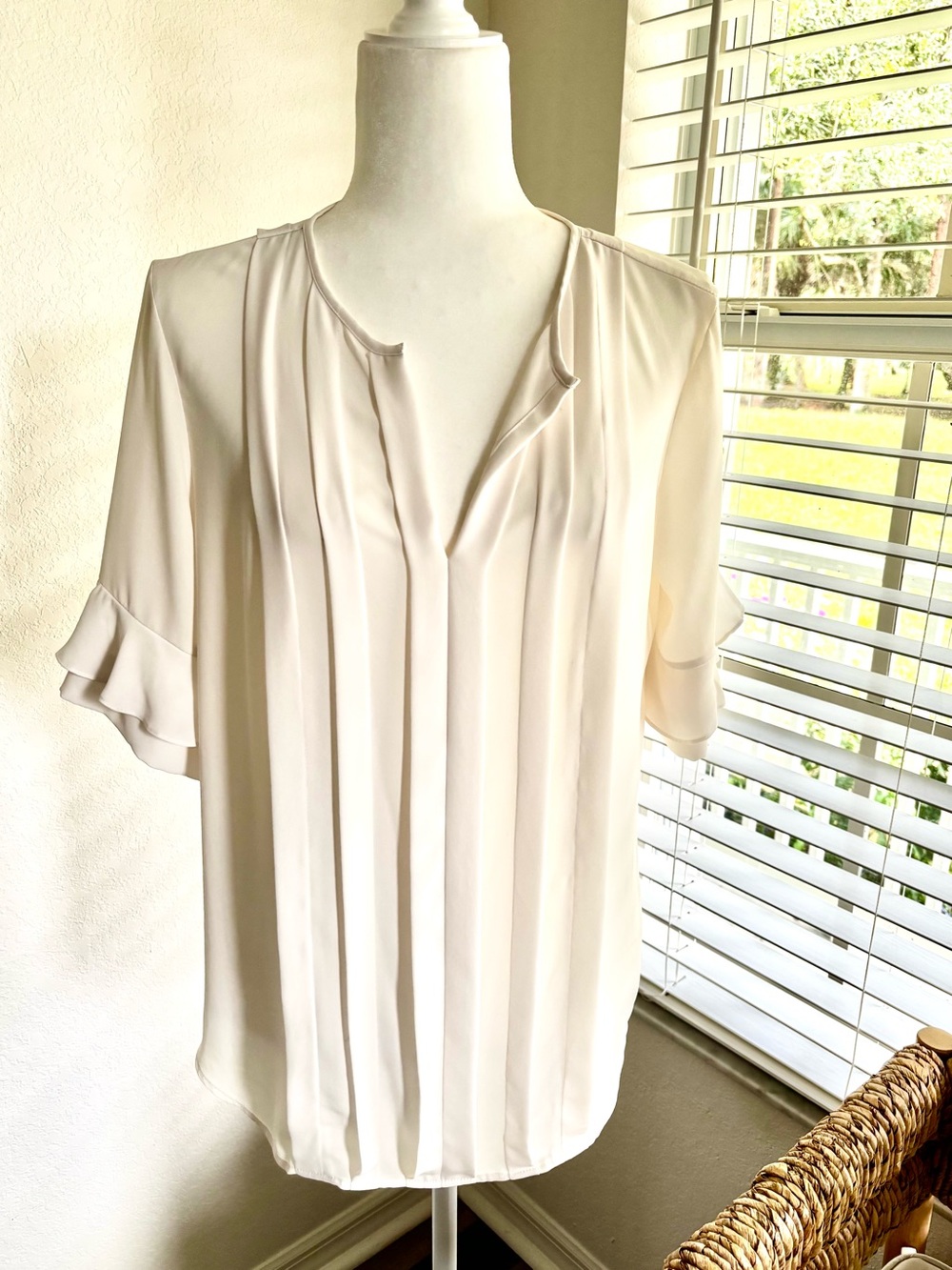 Ann Taylor Cream Pleated V-Neck Blouse with Ruffle Sleeves
